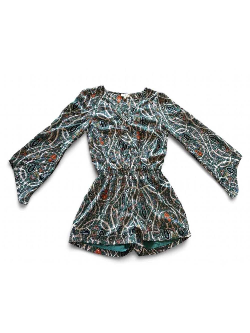 Umgee Paisley Romper Small Green Orange Boho Long Sleeve